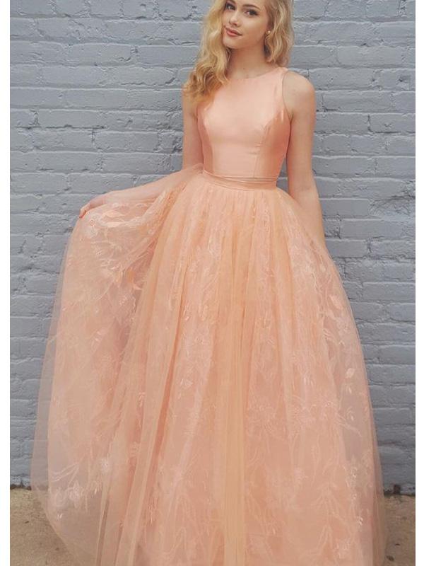 2 Pieces Peach Satin Top Lace Skirt Long Prom Dresses