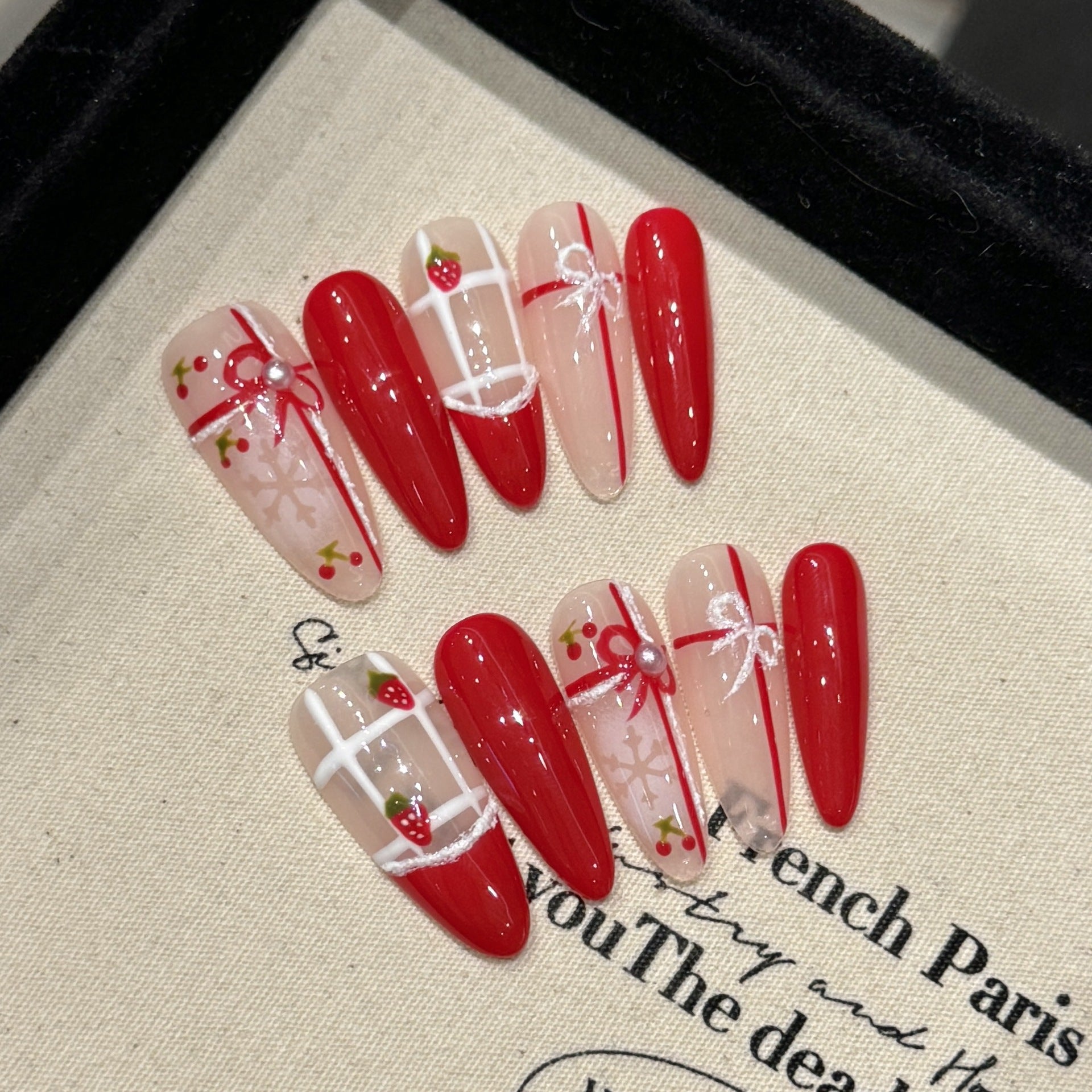 Cream Cherry Nails Set