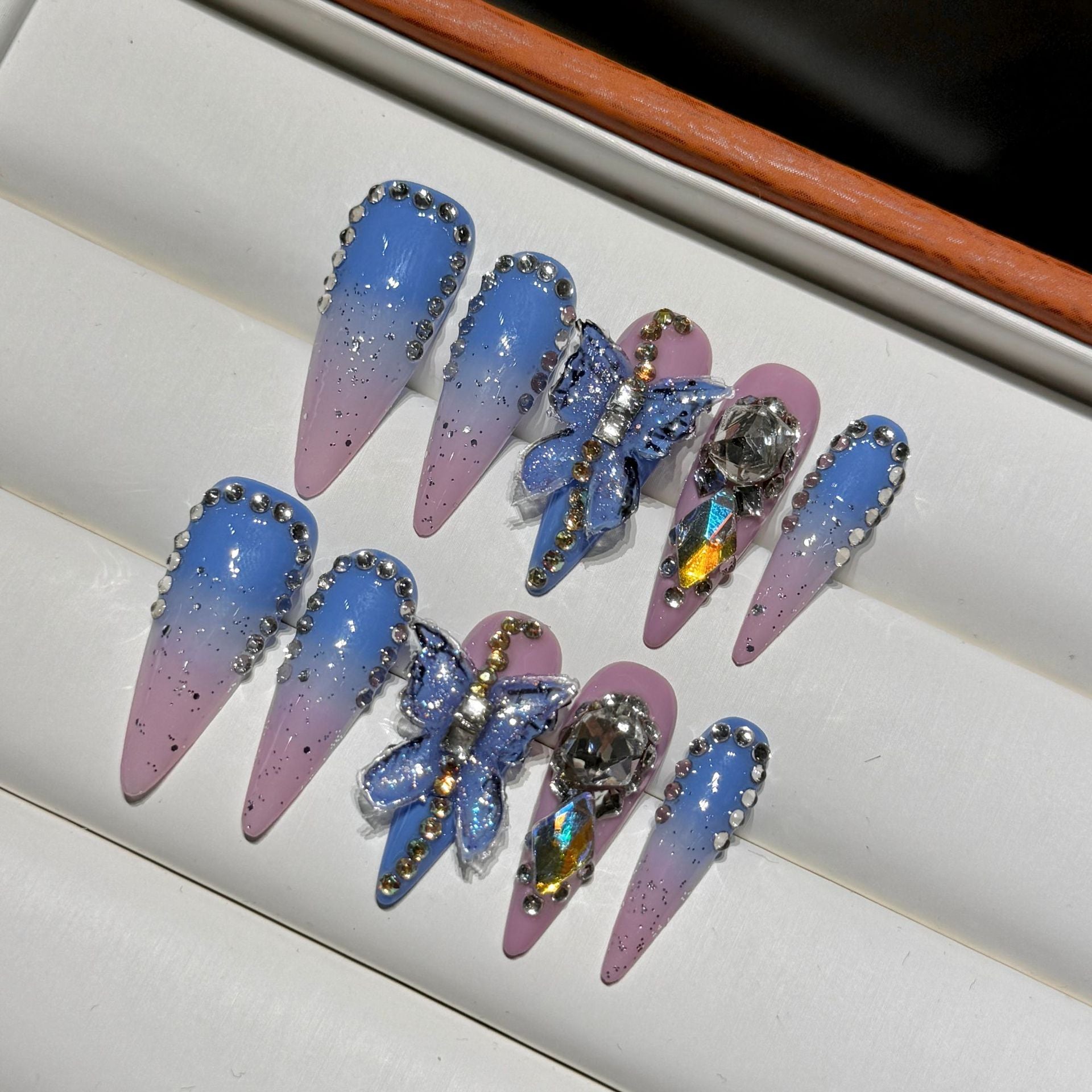 Pink Blue Lover Nails Set With Butterfly
