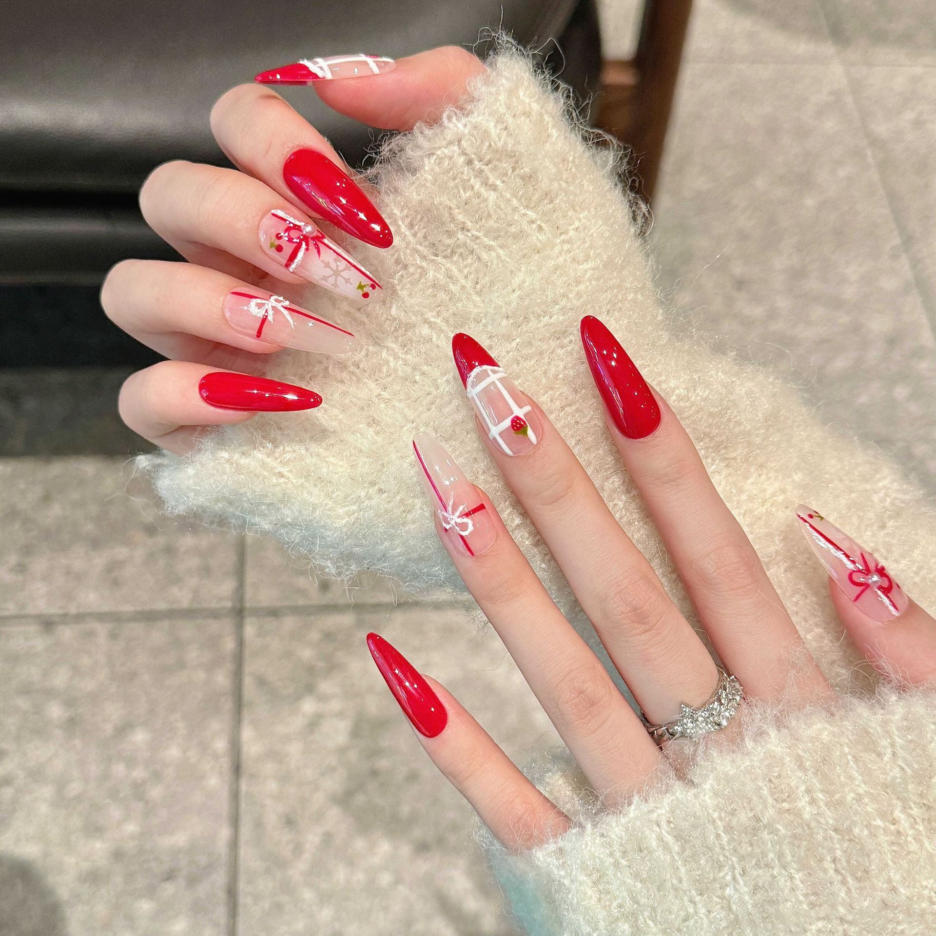 Cream Cherry Nails Set