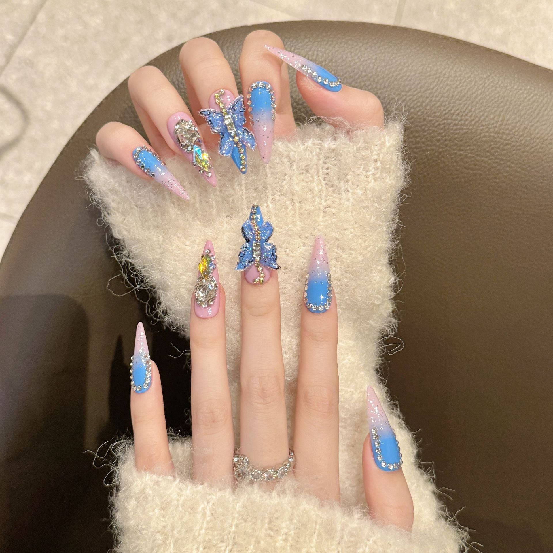 Pink Blue Lover Nails Set With Butterfly