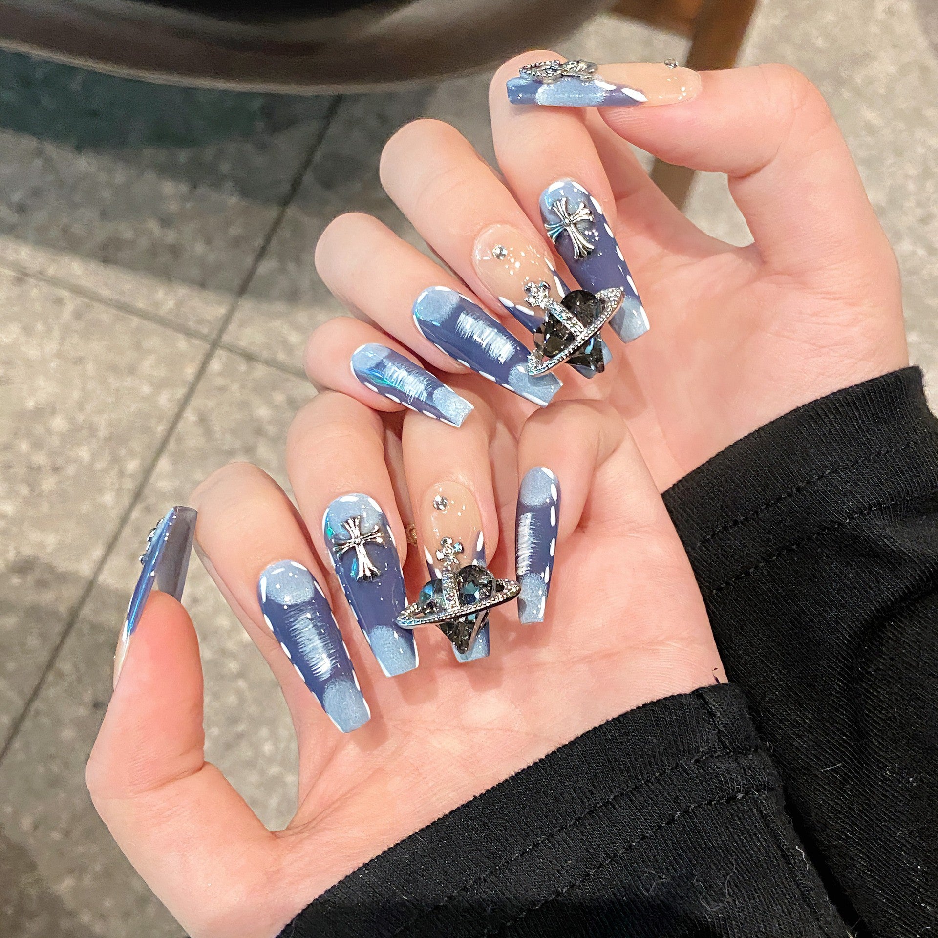 Denim Blue Rhinestone Cross Nails Set