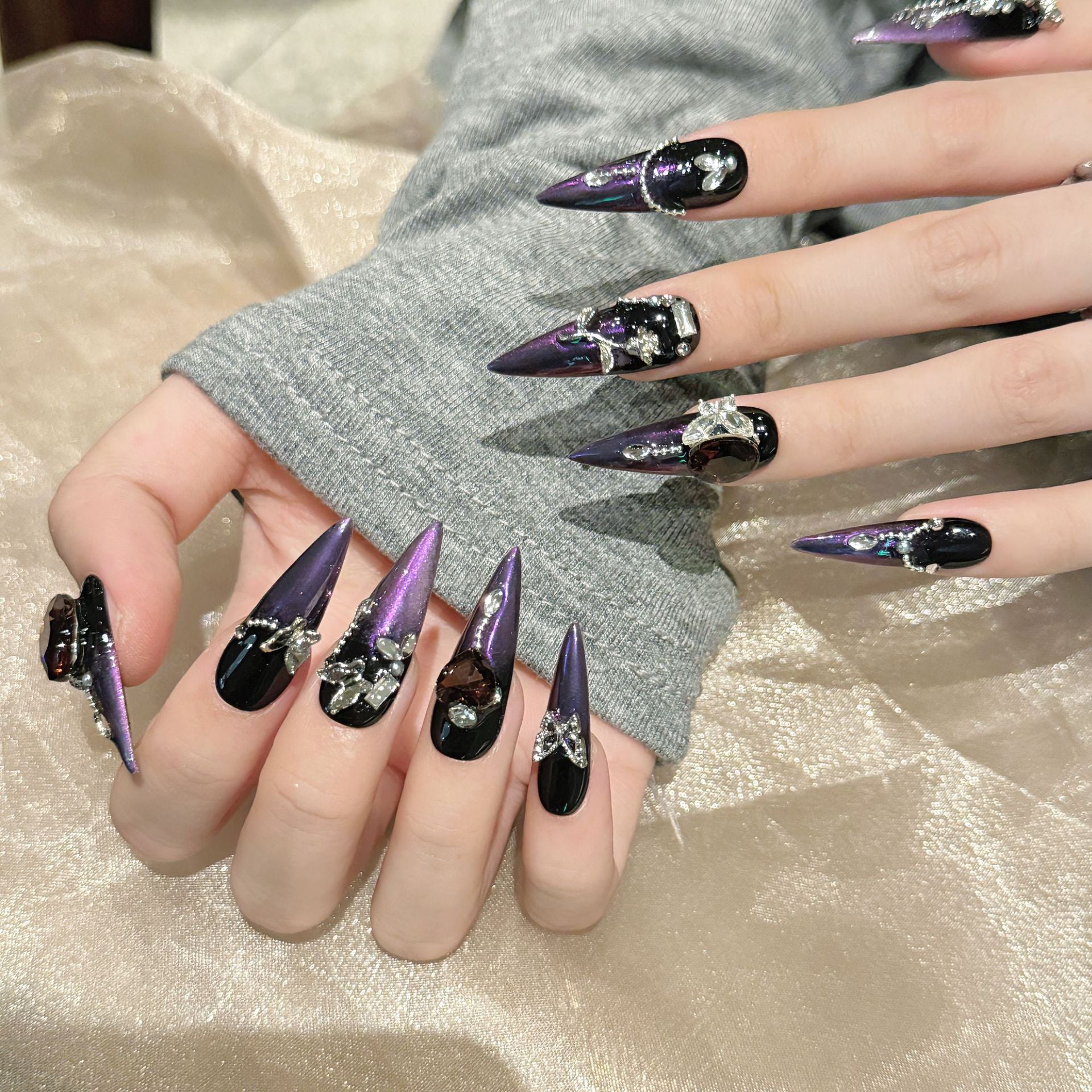 Purple Cat Eye Dark Style Nails Set