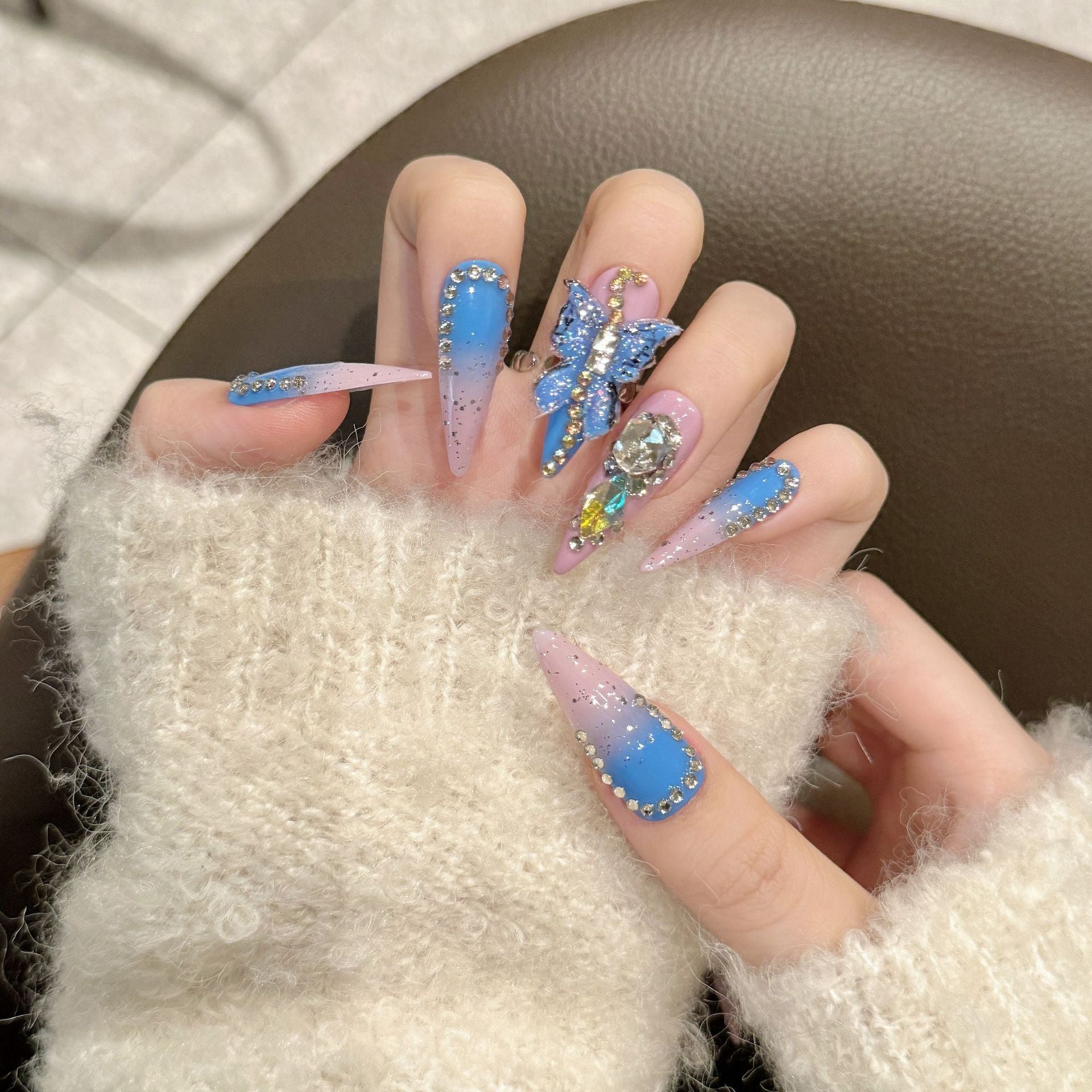 Pink Blue Lover Nails Set With Butterfly