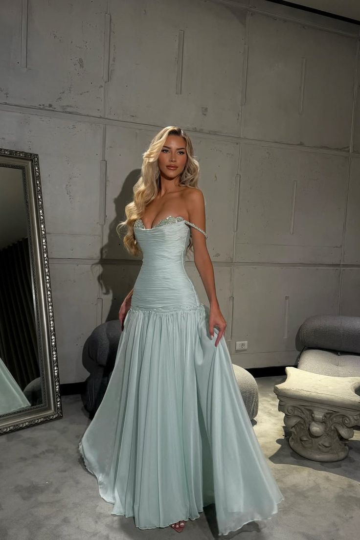 Baby Blue A-line Pleated Prom Dresses With beaded Details, Newest Prom Dresses