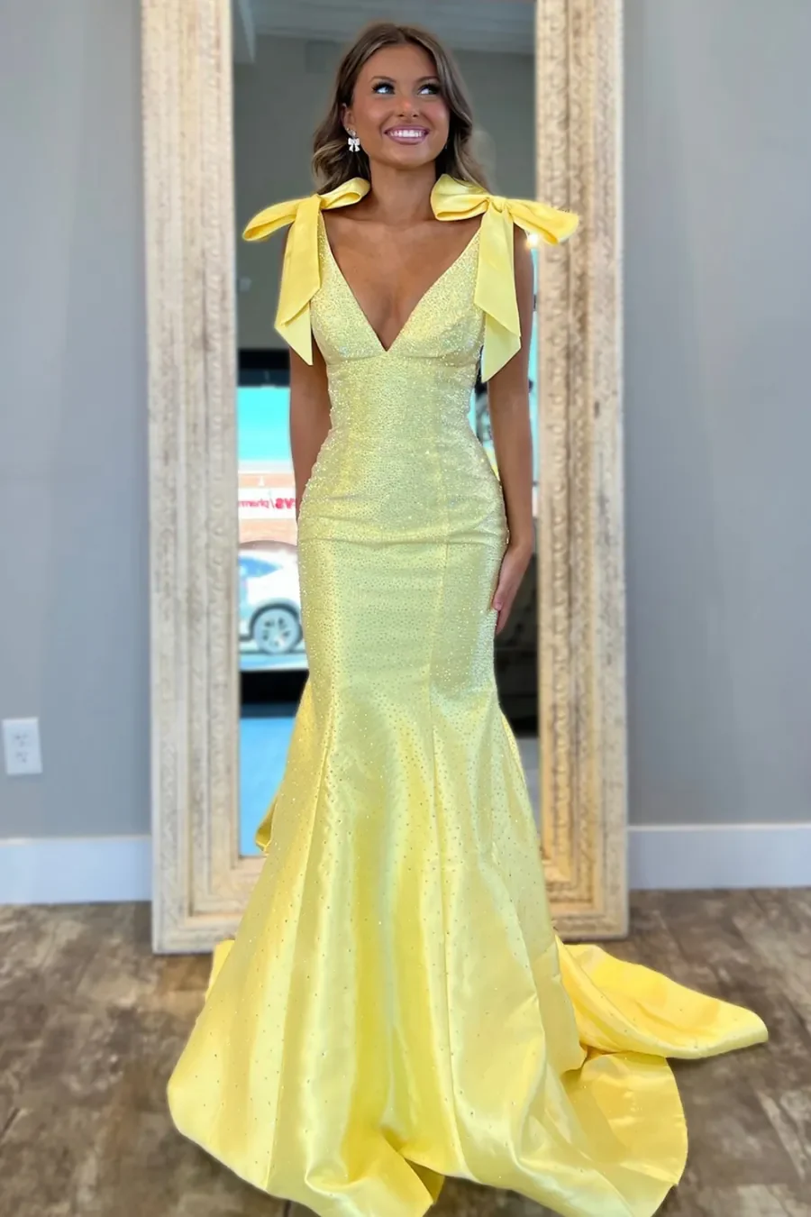 V-neck Yellow Newest Long Prom Dresses, Mermaid Wedding Guest Dresses, Party Prom Dresses