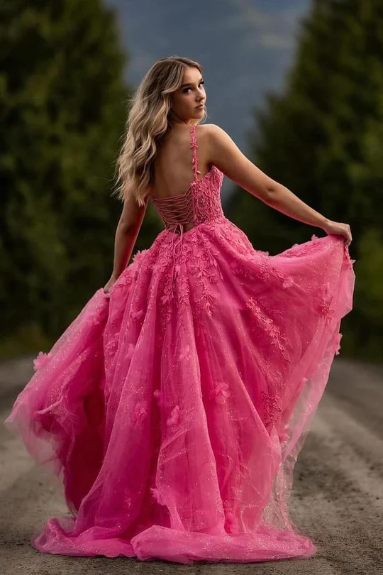 A-line Lace Newest Long Prom Dresses, Appliques V-neck Bridal Gowns, Evening Party Prom Dresses