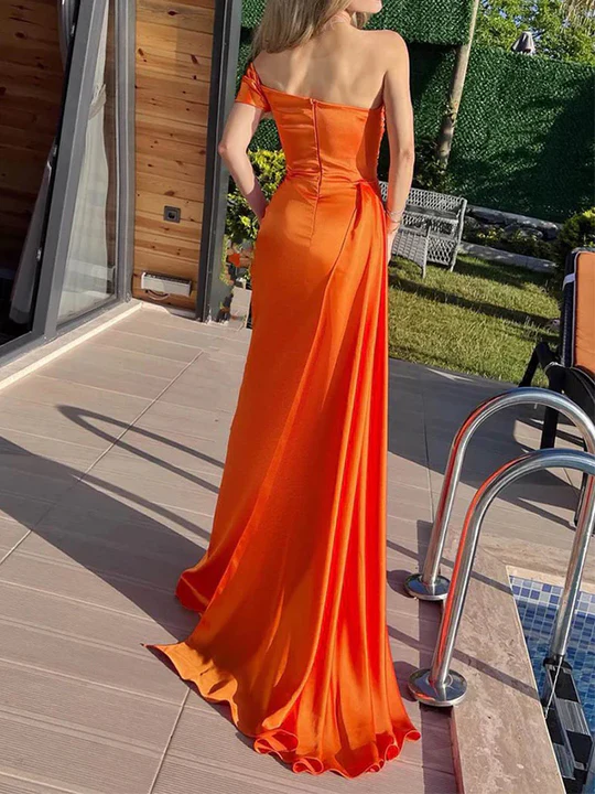 Pleated Satin Newest Long Prom Dresses, Orange Mermaid Bridesmaid Dresses, Formal Prom Dresses