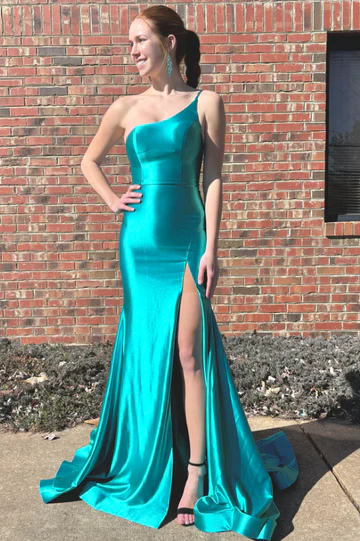 One Shoulder Wedding Guest Dresses, Mermaid Newest Long Prom Dresses, Side Slit Bridesmaid Dresses