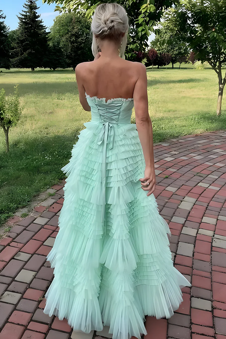 Tulle A-line Girl Graduation Party Dresses, Puffy Scoop Newest Long Prom Dresses, Strapless Wedding Guest Dresses