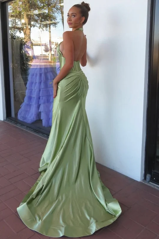 Halter Pleated Satin Prom Dresses, Mermaid Newest Long Prom Dresses, Sleeveless Formal Prom Dresses