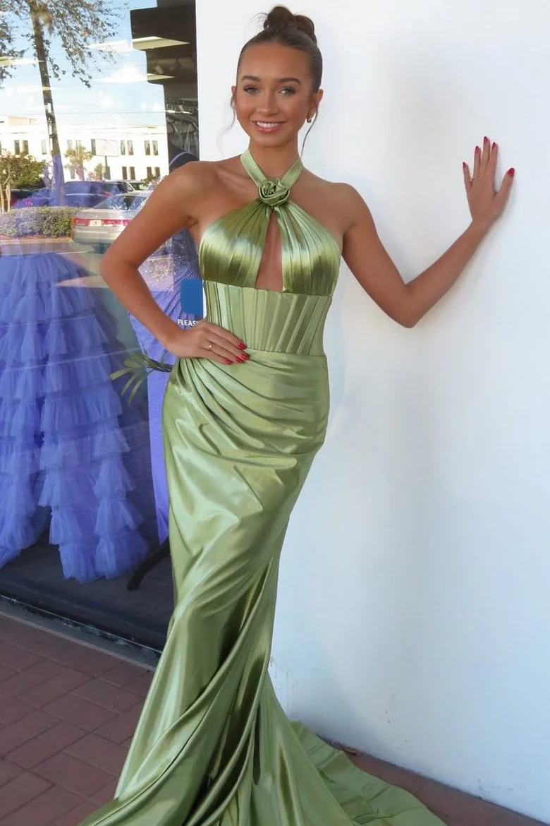 Halter Pleated Satin Prom Dresses, Mermaid Newest Long Prom Dresses, Sleeveless Formal Prom Dresses