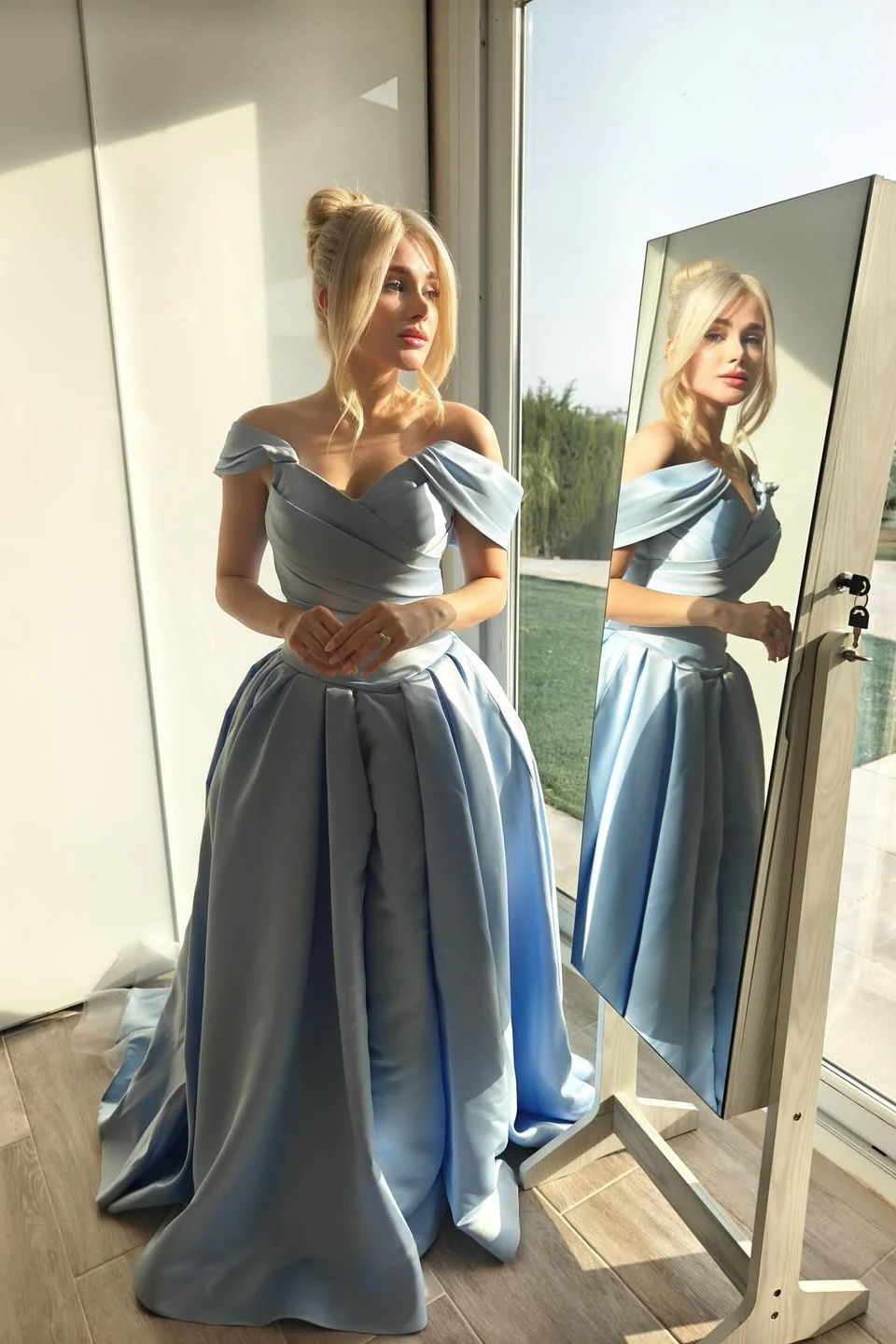 Chic Blue V-Neck 2026 Prom Dresses, Off The Shoulder Satin Newest Long Prom Dresses