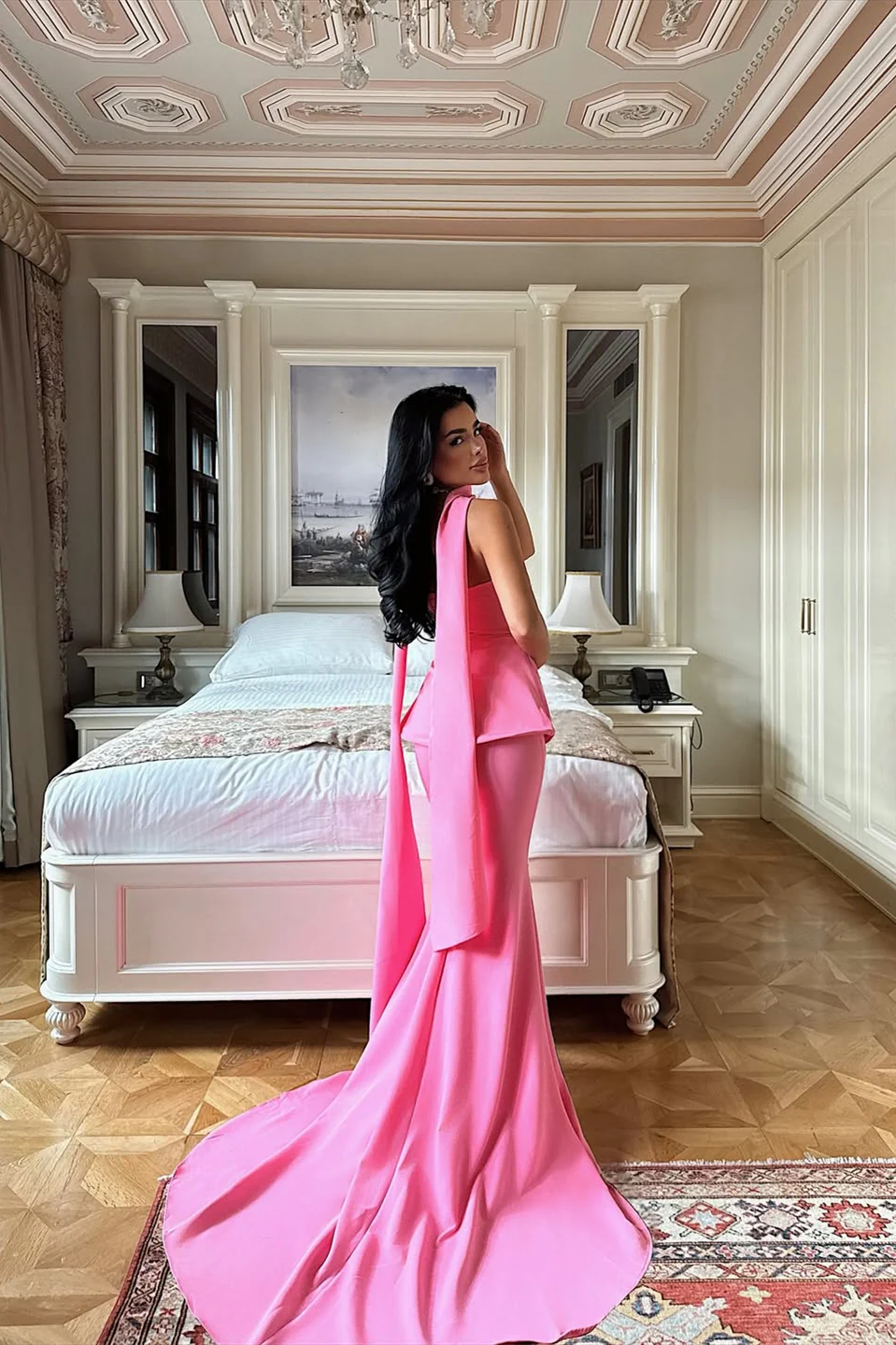 Pretty Flamingo Strapless Newest Long Prom Dresses, Two Pieces Satin Mermaid 2026 Prom Dresses