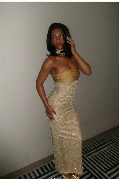 Strapless Yellow Satin Beaded Mermaid Prom Dresses, Maxi Dresses, Popular Party Dance Dresses