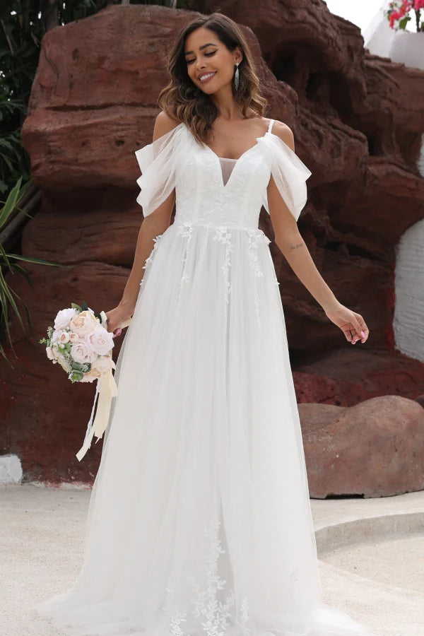 V-neck A-line Lace Tulle Wedding Dresses, Simple Elegant Wedding Dresses, Bridal Gown