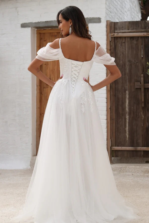 V-neck A-line Lace Tulle Wedding Dresses, Simple Elegant Wedding Dresses, Bridal Gown