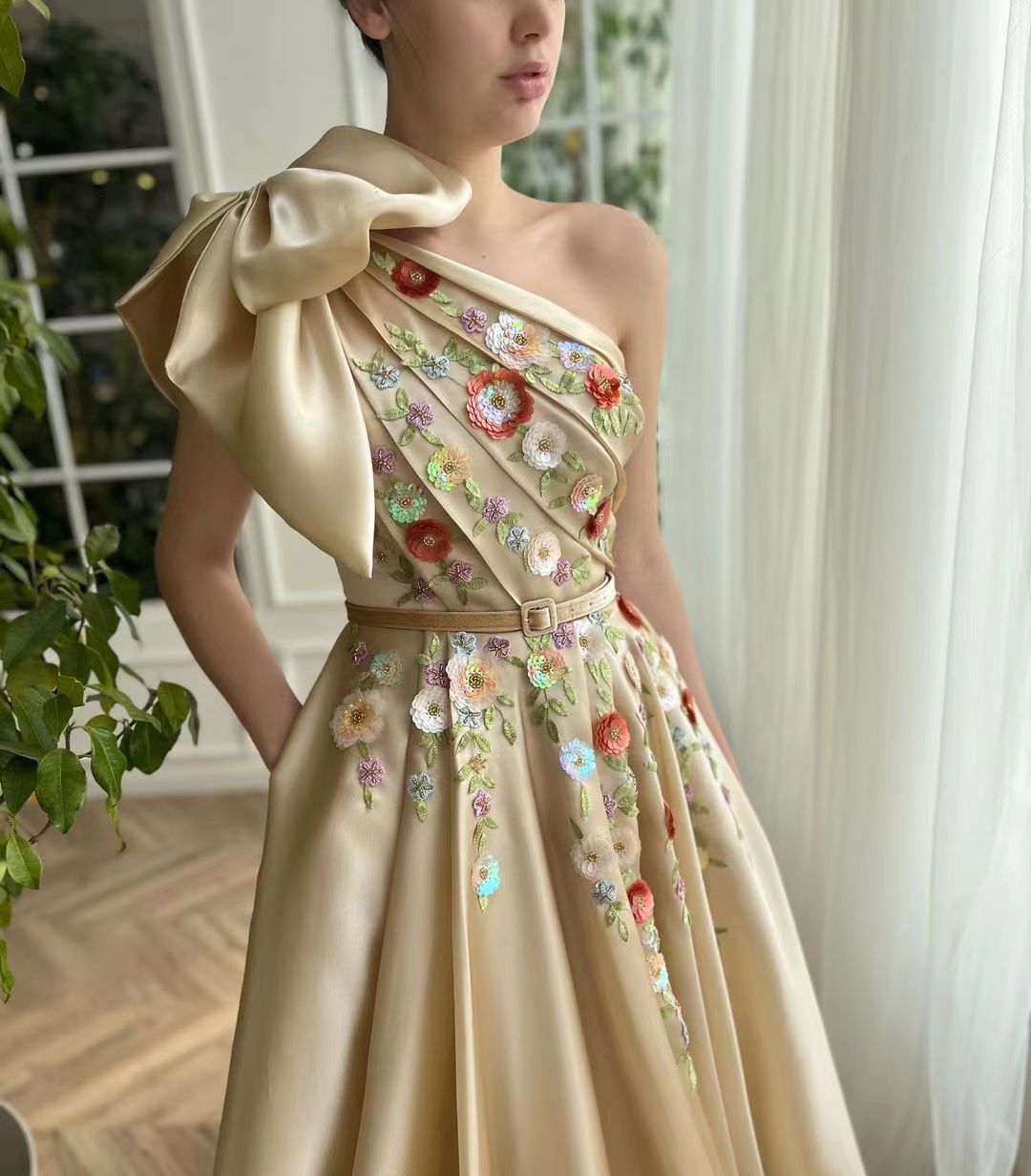 One Shoulder Satin Prom Dresses, Appliques A-line Party Dresses, Newest 2023 Long Prom Dresses
