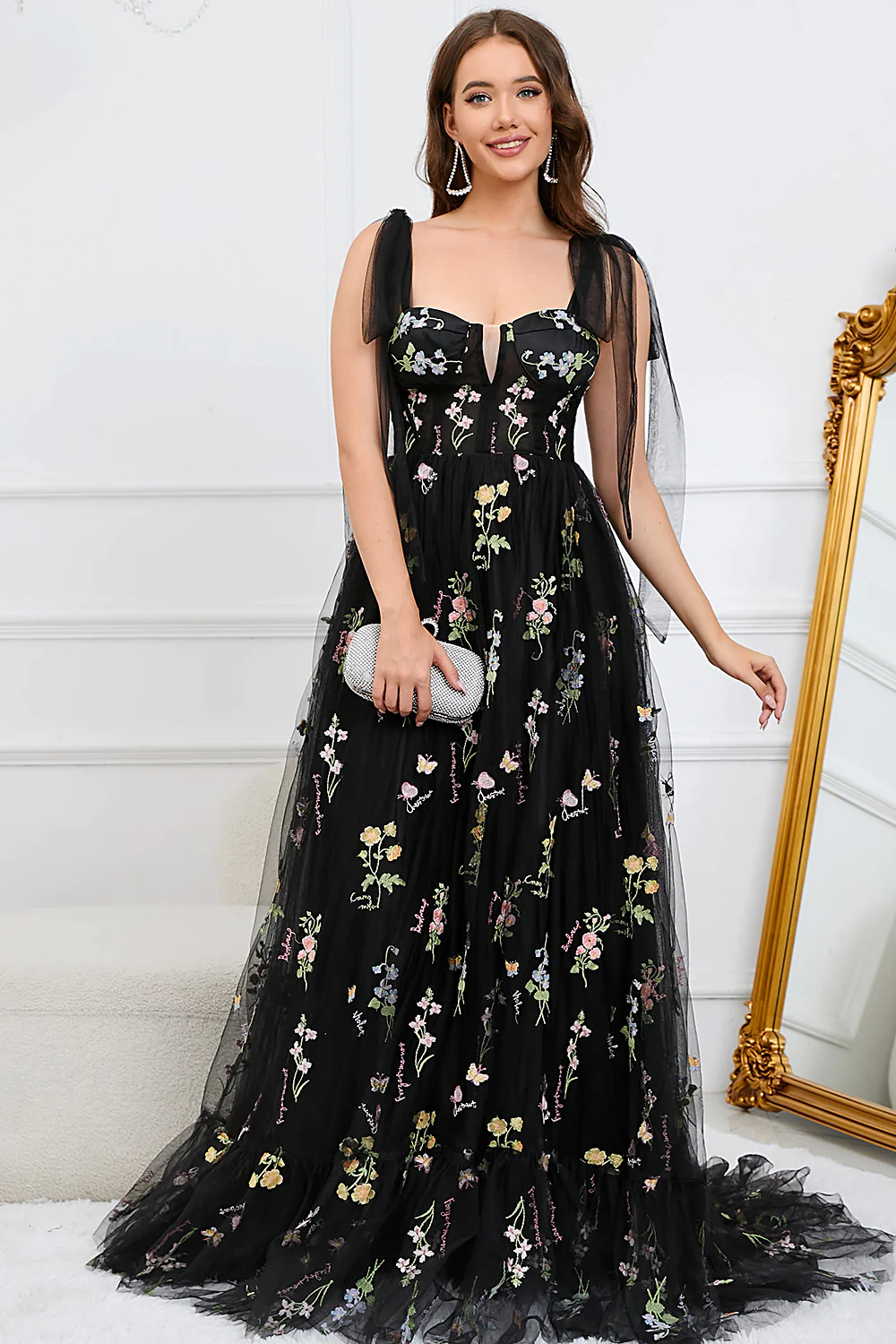 Floral A-line Black Prom Dresses, Wedding Guest Dresses, Newest 2023 Long Prom Dressses