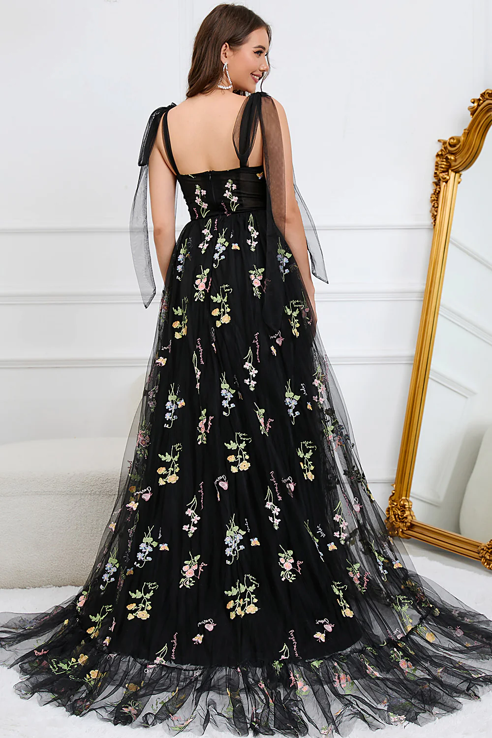 Floral A-line Black Prom Dresses, Wedding Guest Dresses, Newest 2023 Long Prom Dressses