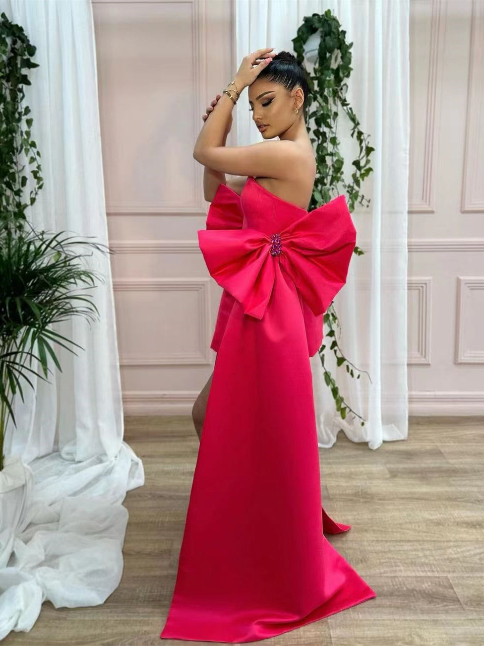 Cute Hot Pink Satin Prom Dresses With Detachable Bows, Popular Prom Dresses, 2023 Prom Dresses