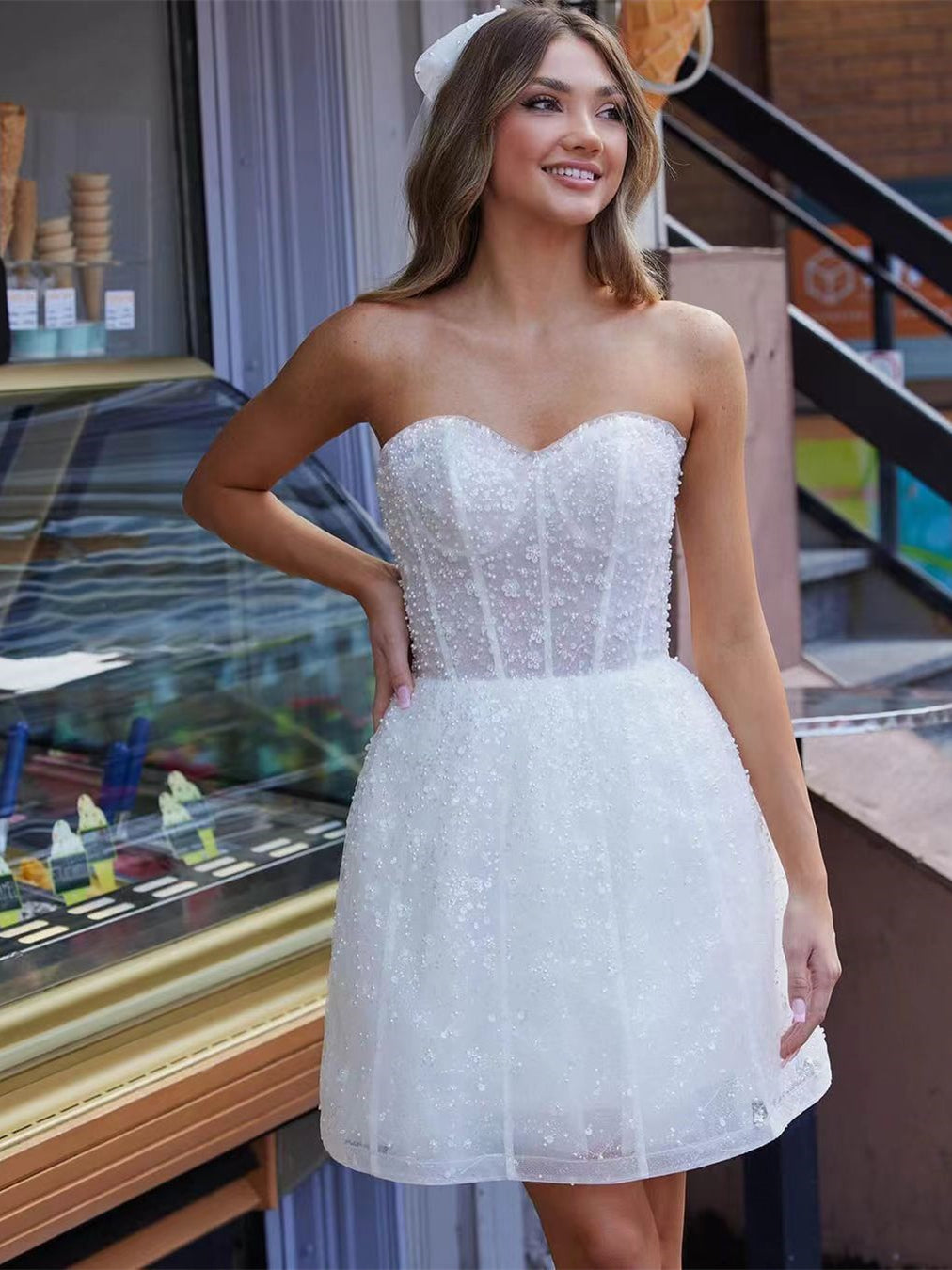 Detachable Beaded Lace Wedding Dresses, Mini Bridal Gown, Cute Wedding Dresses, Wedding Dresses
