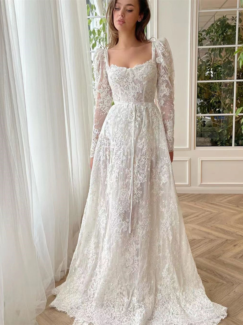 Square Neckline Lace Wedding Dresses, A-line Wedding Dresses, Popular 2023 Wedding Dresses, Bridal Gown