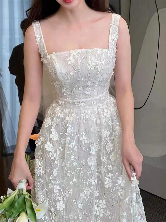 Square Neckline A-line Beaded Appliques Wedding Dresses, Bridal Gown