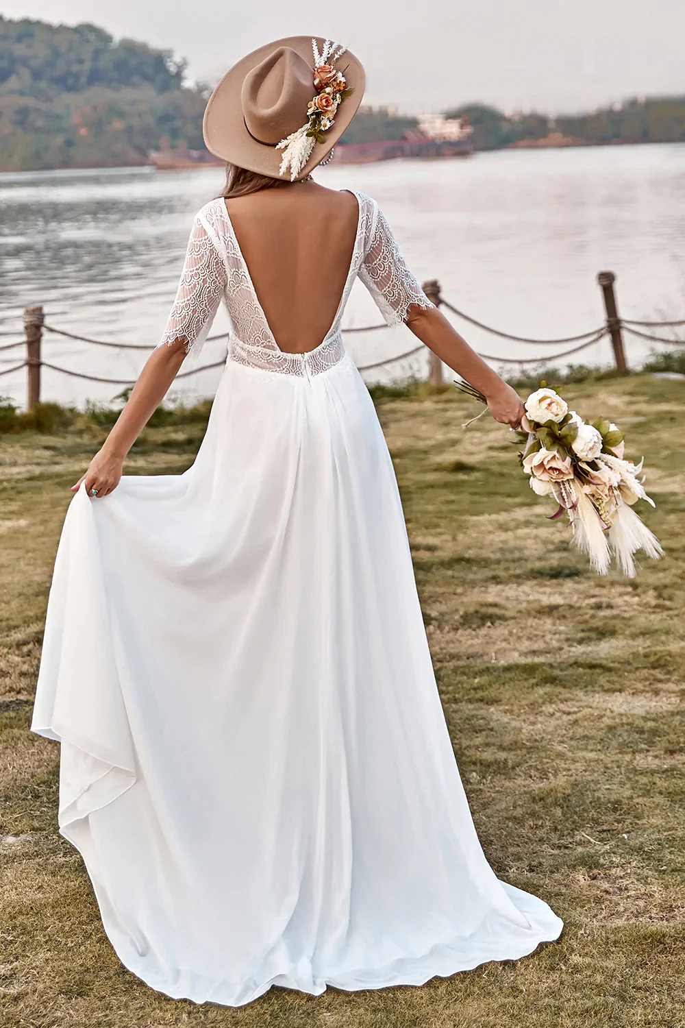 V-neck Simple Bridal Gowns, Lace Popular Wedding Dresses, Elegant Slit Wedding Dresses