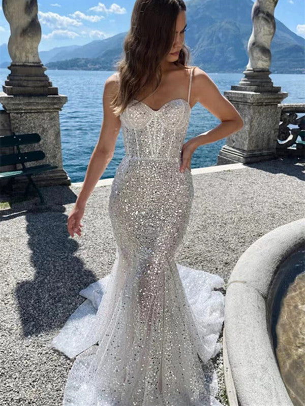 Spaghetti Straps Sequins Wedding Dresses, Popular Mermaid Bridal Gowns, Newest 2024 Long Prom Dresses