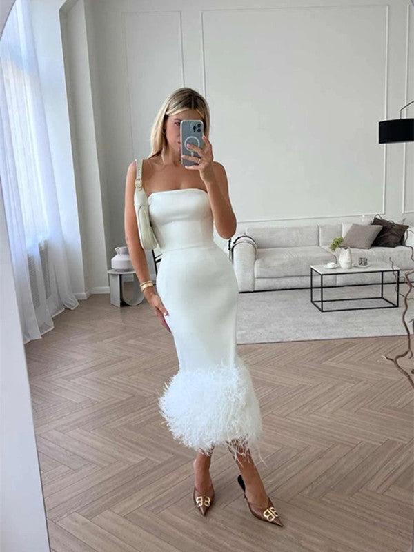 Strapless Feather Long Prom Dresses, Mermaid Popular Evening Dresses, Newest 2024 Long Prom Dresses