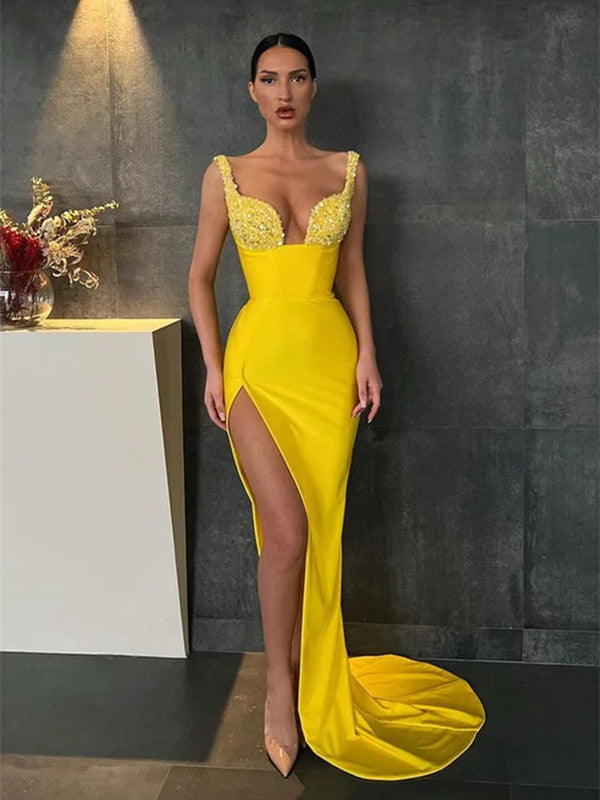 Sexy High Slit Evening Party Dresses, Sequins Mermaid Prom Dresses, Newest 2024 Long Prom Dresses