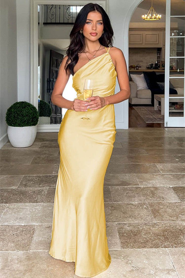 Simple Yellow Bridesmaid Dresses, One Shoulder Girl Graduation Party Dresses, Newest Long Prom Dresses