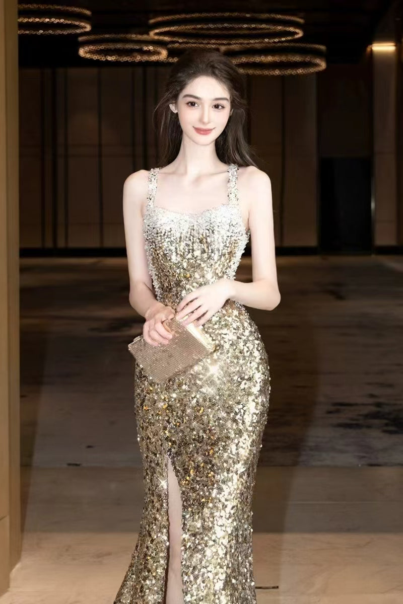 Straps Gold Sequin Beaded Prom Dresses, High Slit Prom Dresses, Newest Prom Dresses, Shiny Prom Dresses
