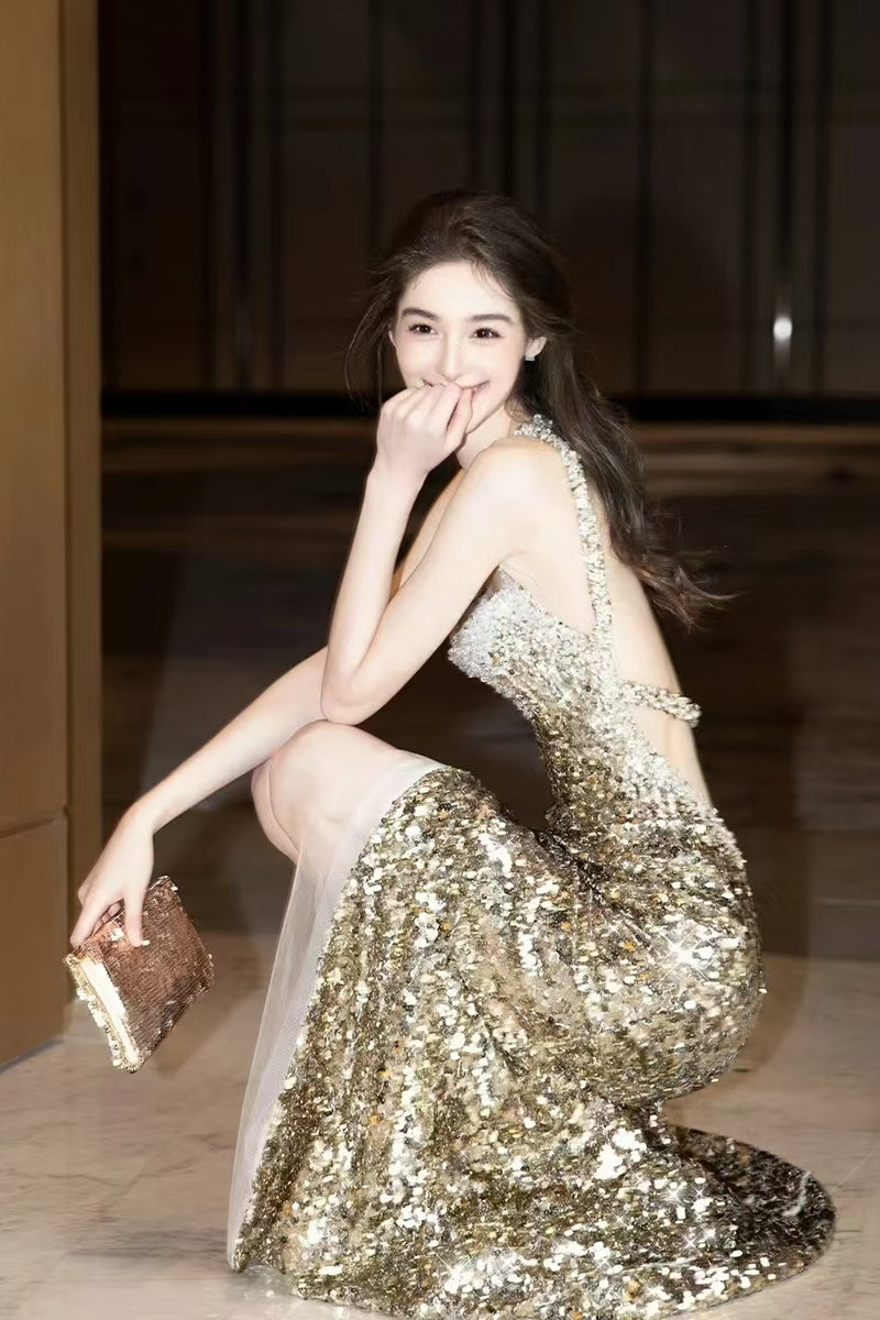 Straps Gold Sequin Beaded Prom Dresses, High Slit Prom Dresses, Newest Prom Dresses, Shiny Prom Dresses
