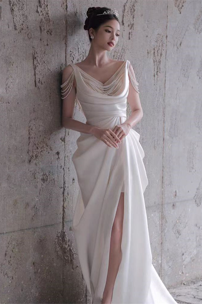 Elegant Satin Wedding Gown With Pearls, Front Slit Wedding Dresses, Bridal Gown, Long Wedding Dresses