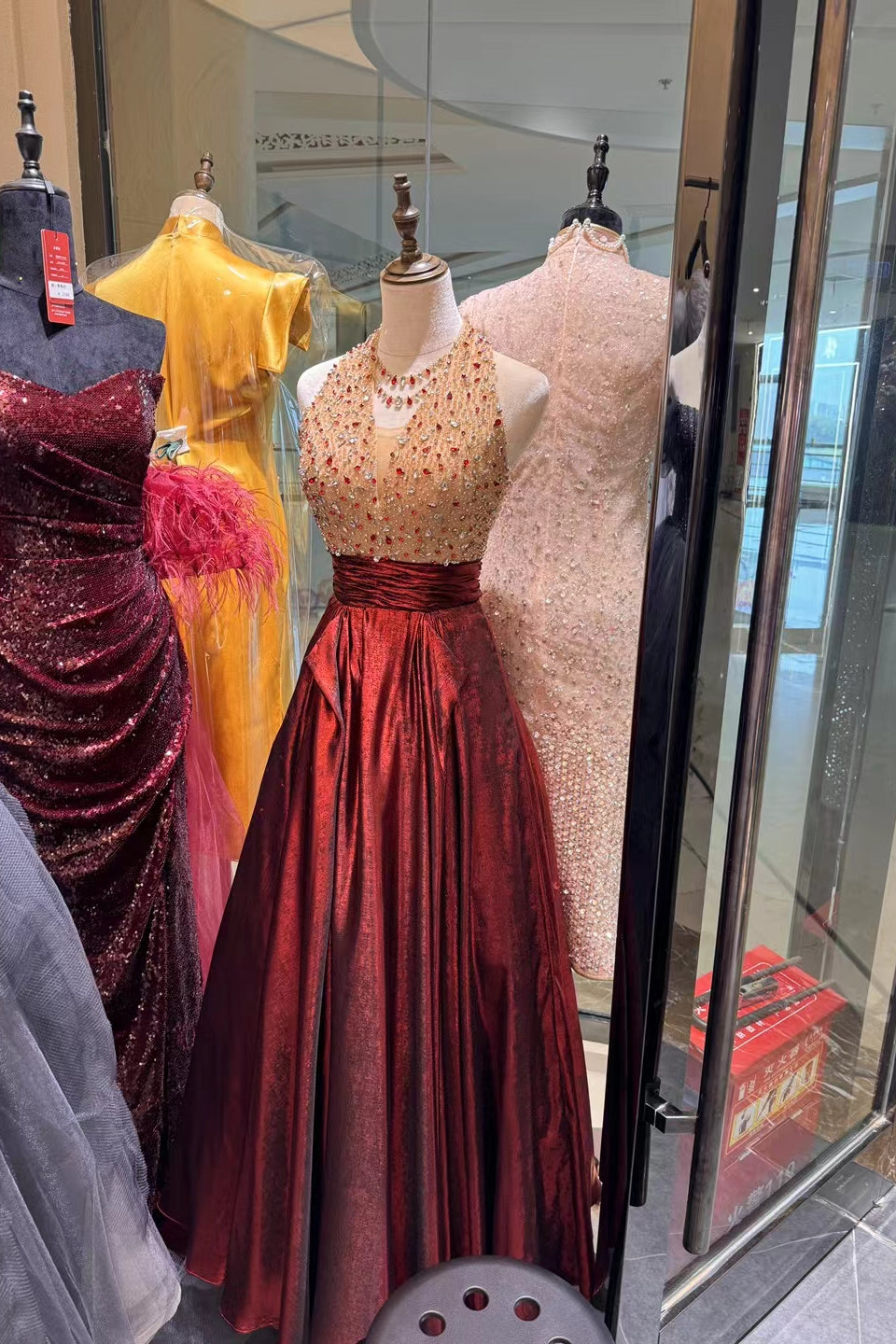 Halter V-neck Rhinestone Beaded Prom Dresses, Red Prom Dresses, Formal Dresses, Graduation Party Dresses, Newest Prom Dresses