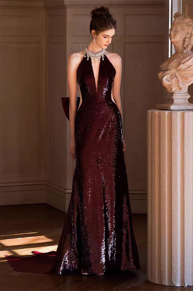 Halter Marron Sequin Mermaid Prom Dresses, Long Prom Dresses, Newest Prom Dresses