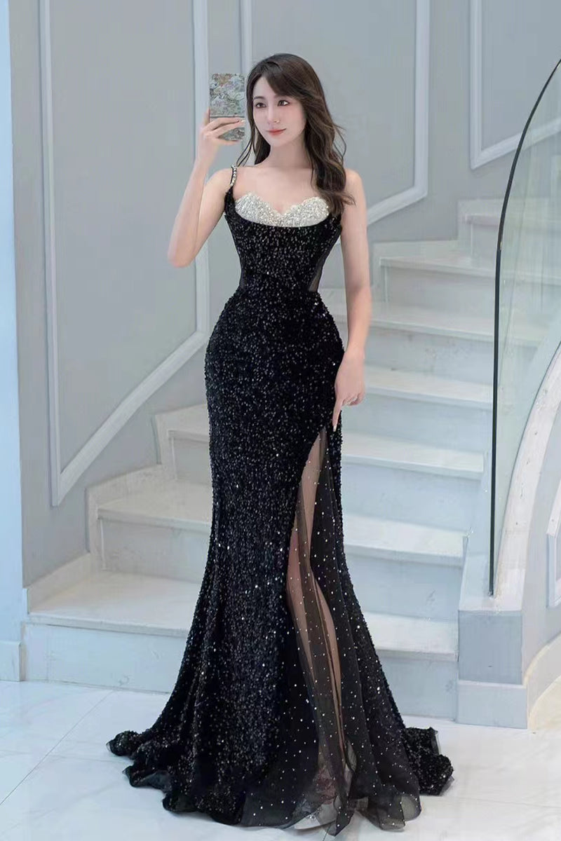 Shiny Sequin Beaded Black Prom Dresses. Mermaid High Slit Prom Dresses, Newest Prom Dresses