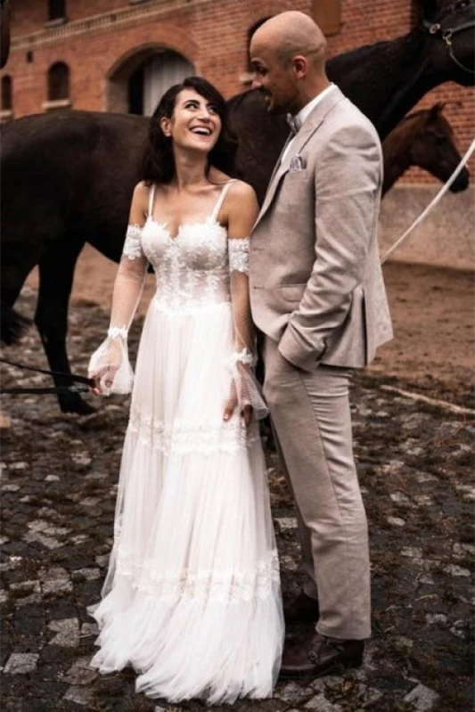 A-line Wedding Dresses With Detachable Sleeves, Country Wedding Dresses, Newest Bridal Gown