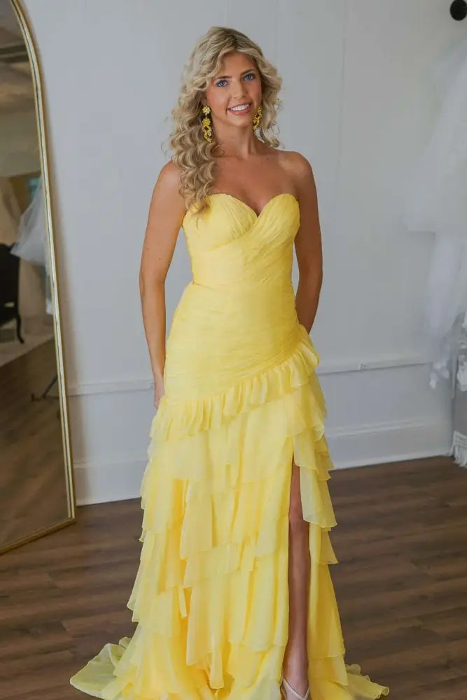 Sweetheart Newest Long Prom Dresses, Yellow Bridesmaid Dresses, Girl Graduation Party Prom Dresses