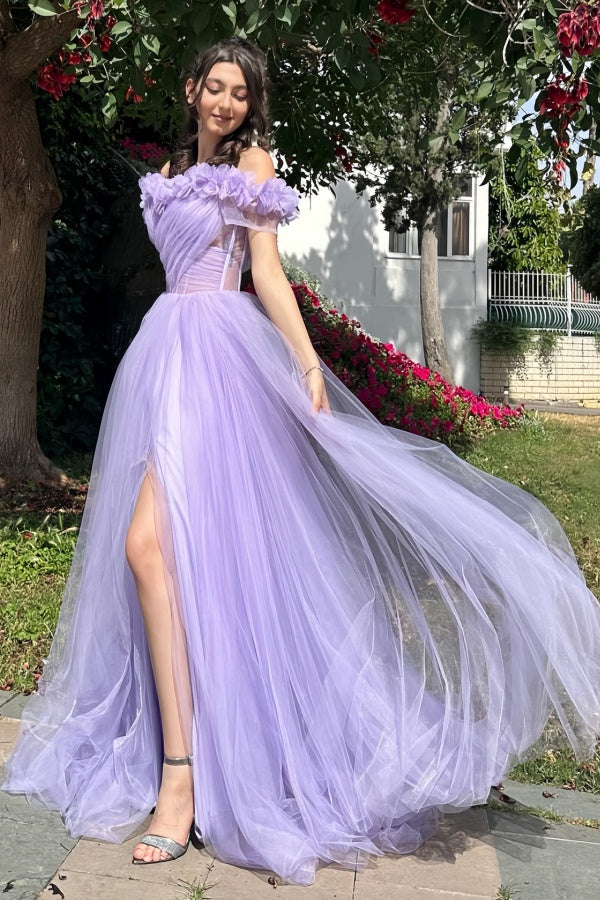 Off Shoulder Newest Long Prom Dresses, A-line Wedding Guest Dresses, Fashion Lilac Wedding Dresses