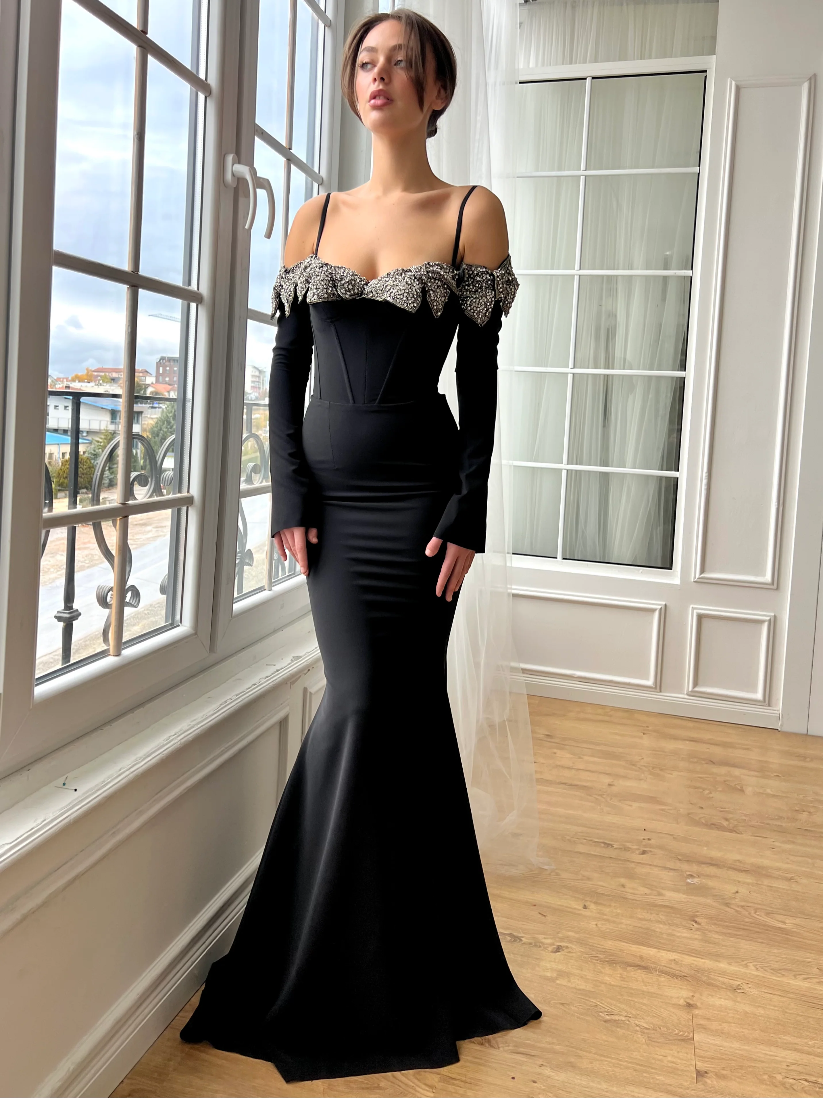 Lovely Long Sleeves Black Mermaid Prom Dresses With Beaded Bow Neckline, Newest 2025 Prom Dresses