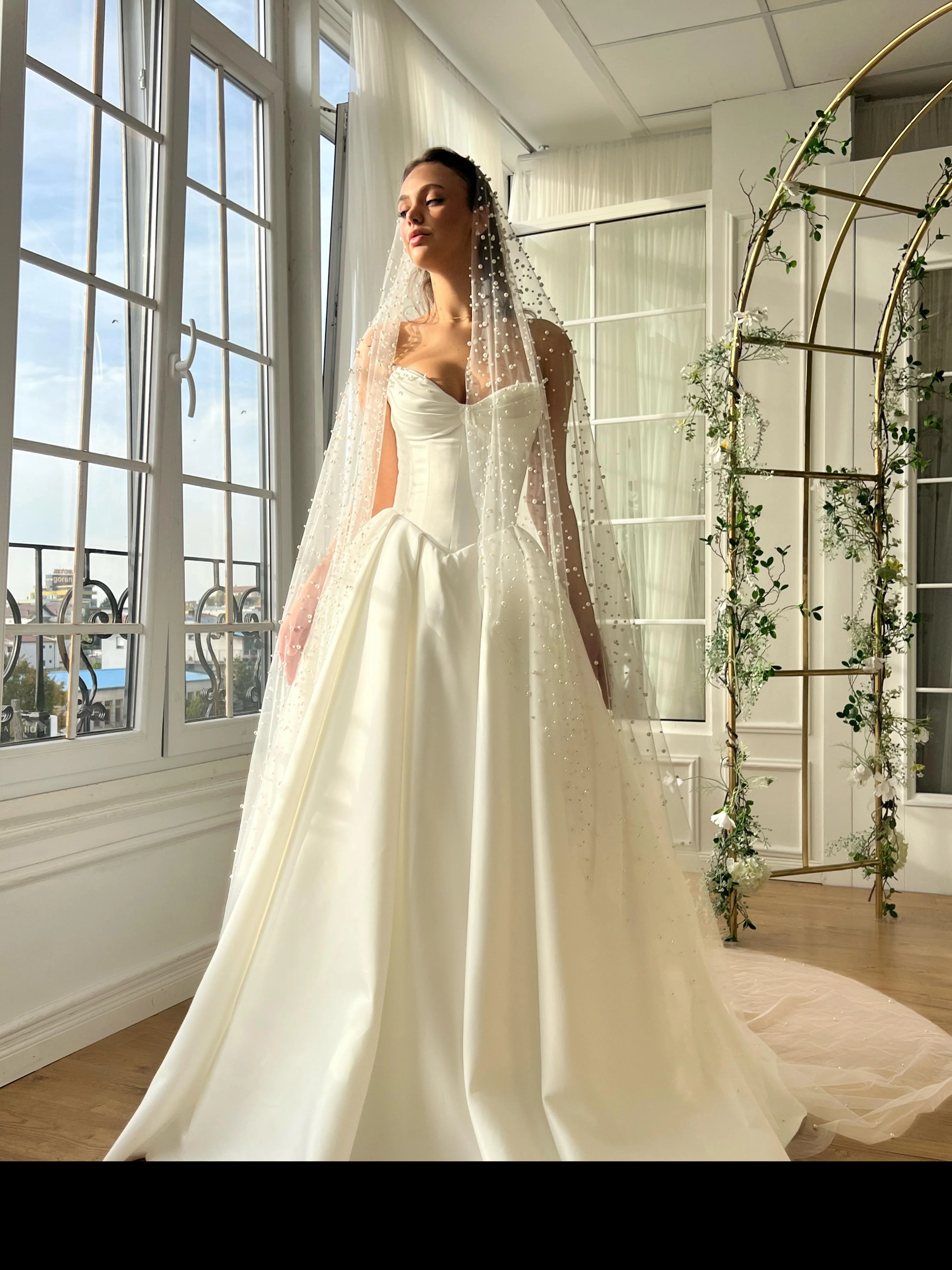 Gorgeous Ivory Satin A-line Wedding Dresses With Pearls Veil, Corset Wedding Dresses, Popular Bridal Gown