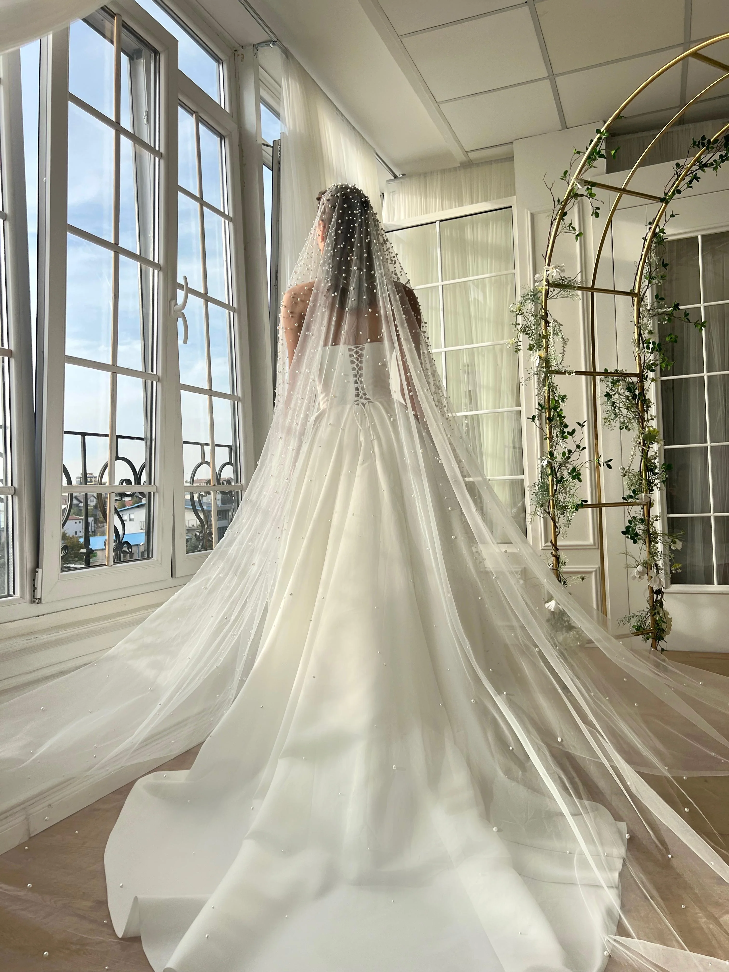 Gorgeous Ivory Satin A-line Wedding Dresses With Pearls Veil, Corset Wedding Dresses, Popular Bridal Gown