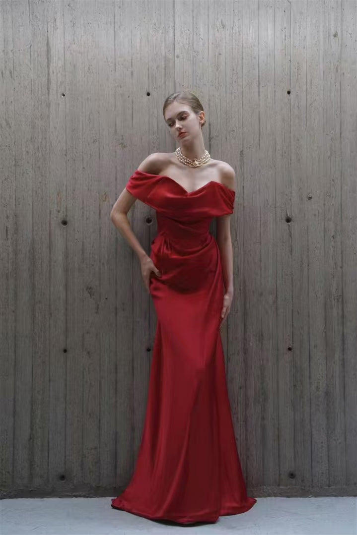 Off Shoulder Long Sheath Red Prom Dresses, Wedding Party Dresses, Bridesmaid Dresses