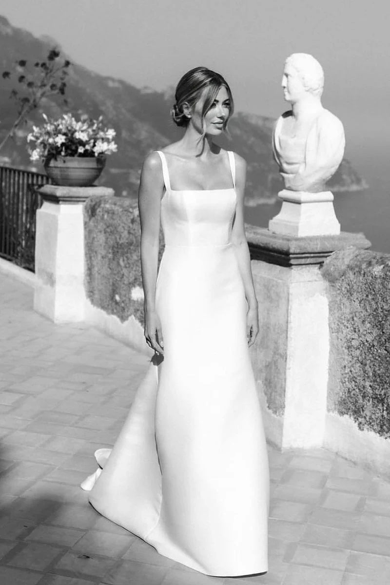 Round Neck Simple Wedding Dresses, Straps 2025 Bridal Gowns, Newest Satin Wedding Gowns