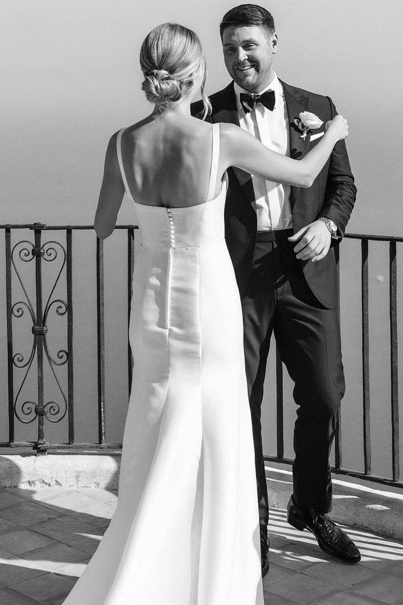 Round Neck Simple Wedding Dresses, Straps 2025 Bridal Gowns, Newest Satin Wedding Gowns