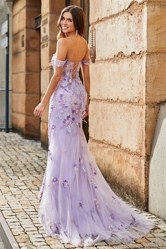 Off the Shoulder Lilac Lace Appliques Long Mermaid Prom Dresses, Side Slit Prom Dresses, Maxi Dresses