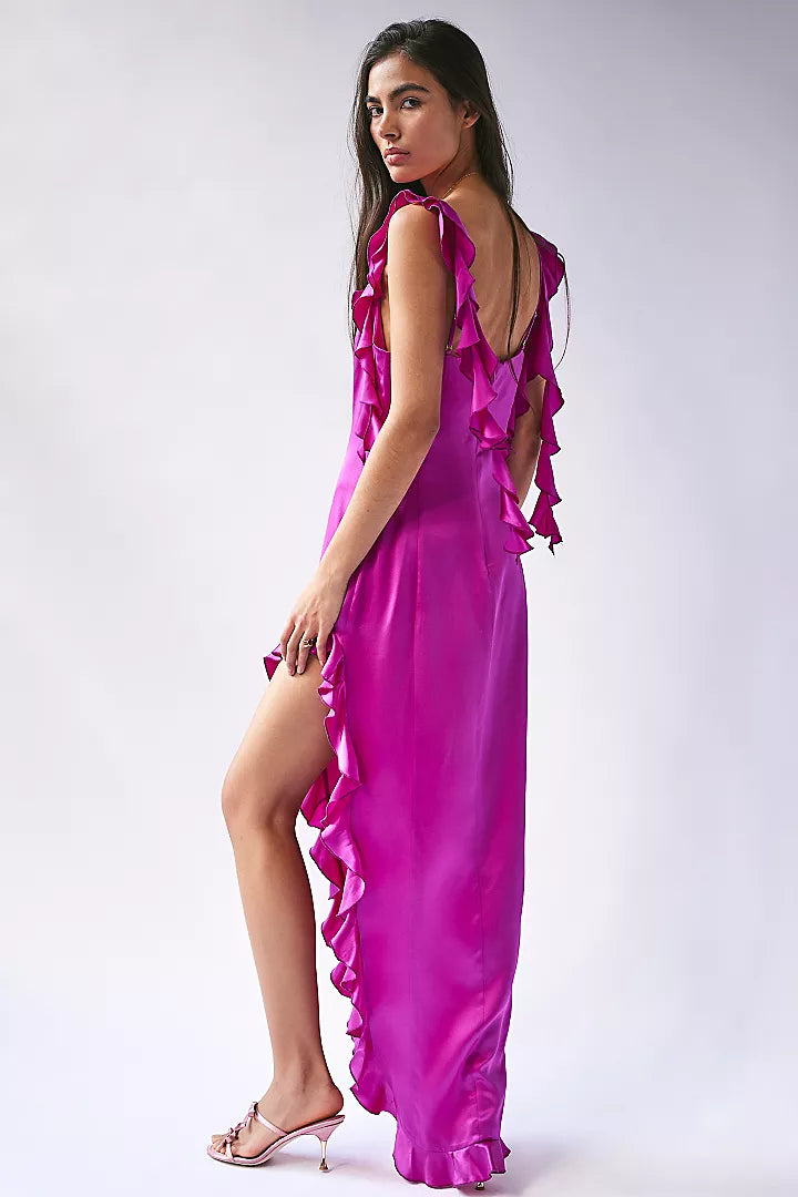 Hot Pink Ruffled Maxi Dresses, High Slit Soft Satin Prom Dresses, Wedding Guest Dresses